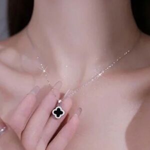 Dainty Silver Necklace with Black Clover Pendant